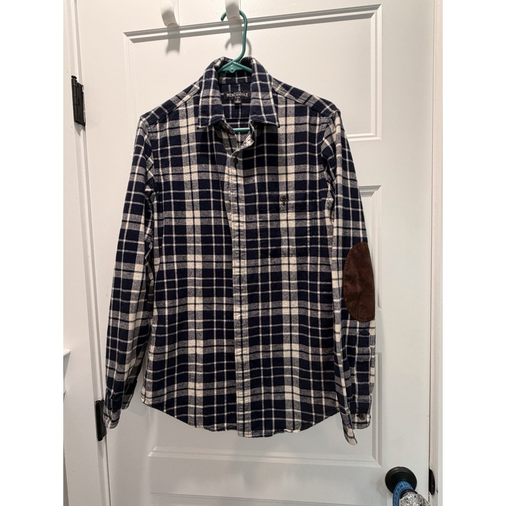 J Crew Shirt Flannel Men's Size Small Blue Plaid Elbow Patches Mercantile Flex